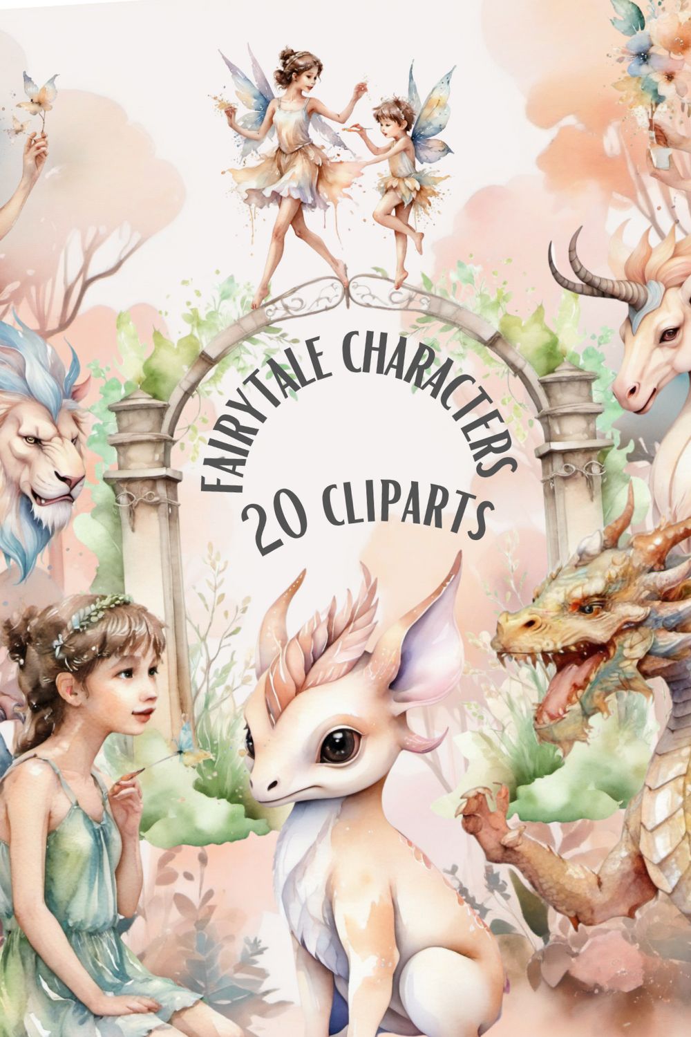 Watercolor Fairytale cliparts bundle pinterest preview image.