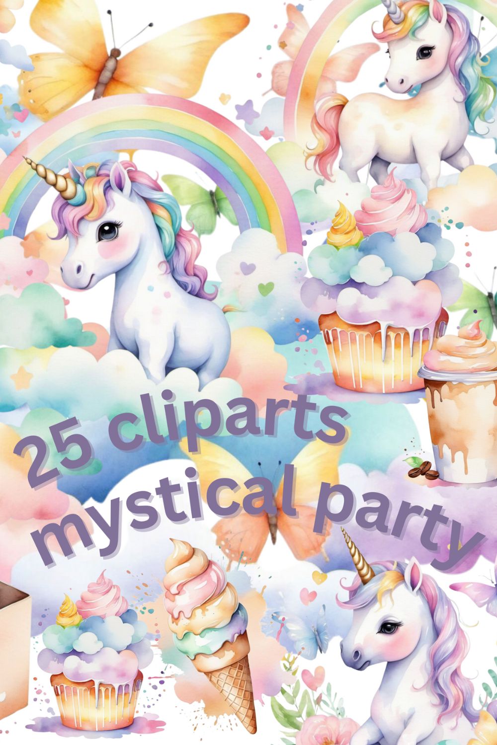 Cute unicorn watercolor party cliparts bundle pinterest preview image.