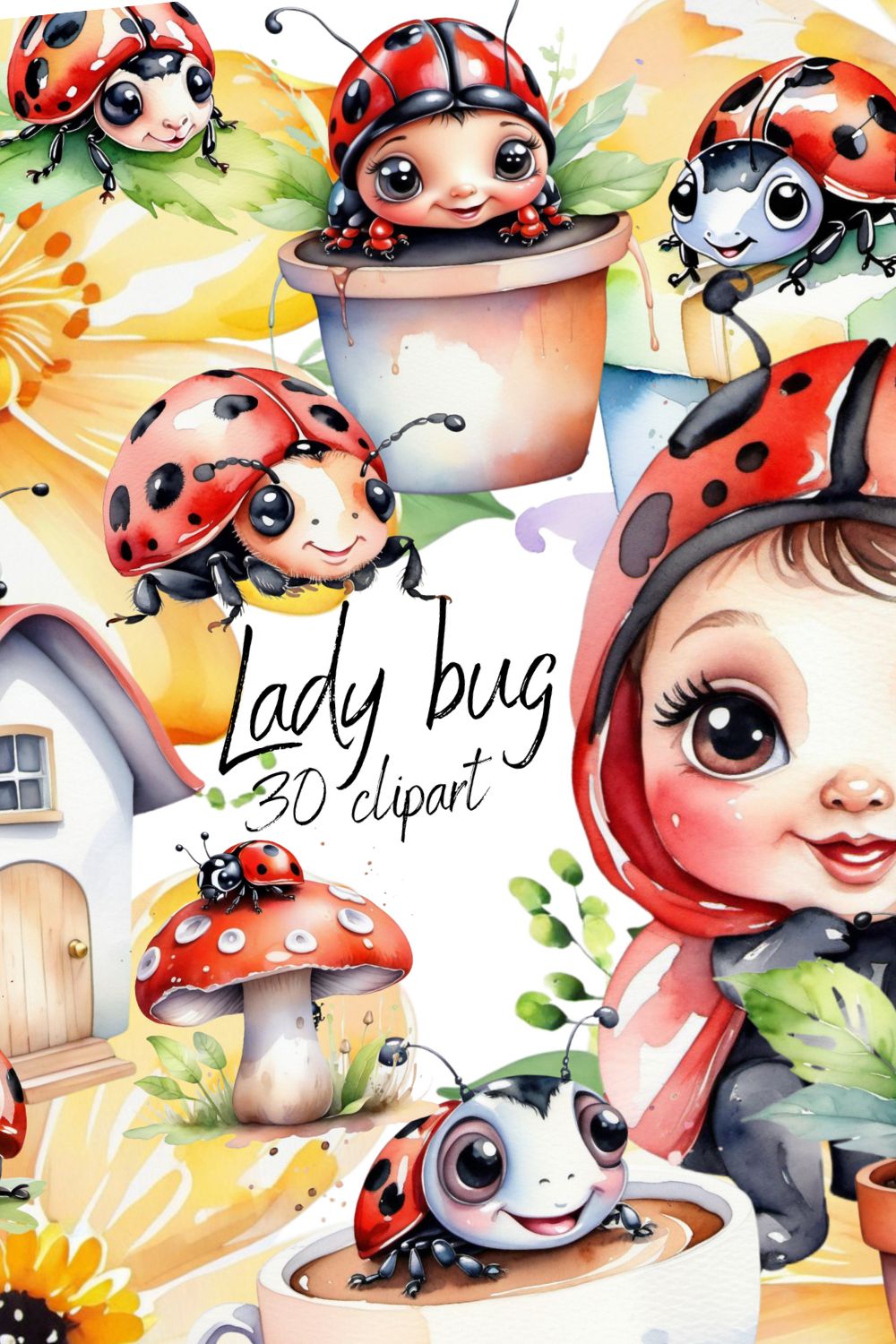 Cute baby watercolor ladybirds cliparts bundle pinterest preview image.