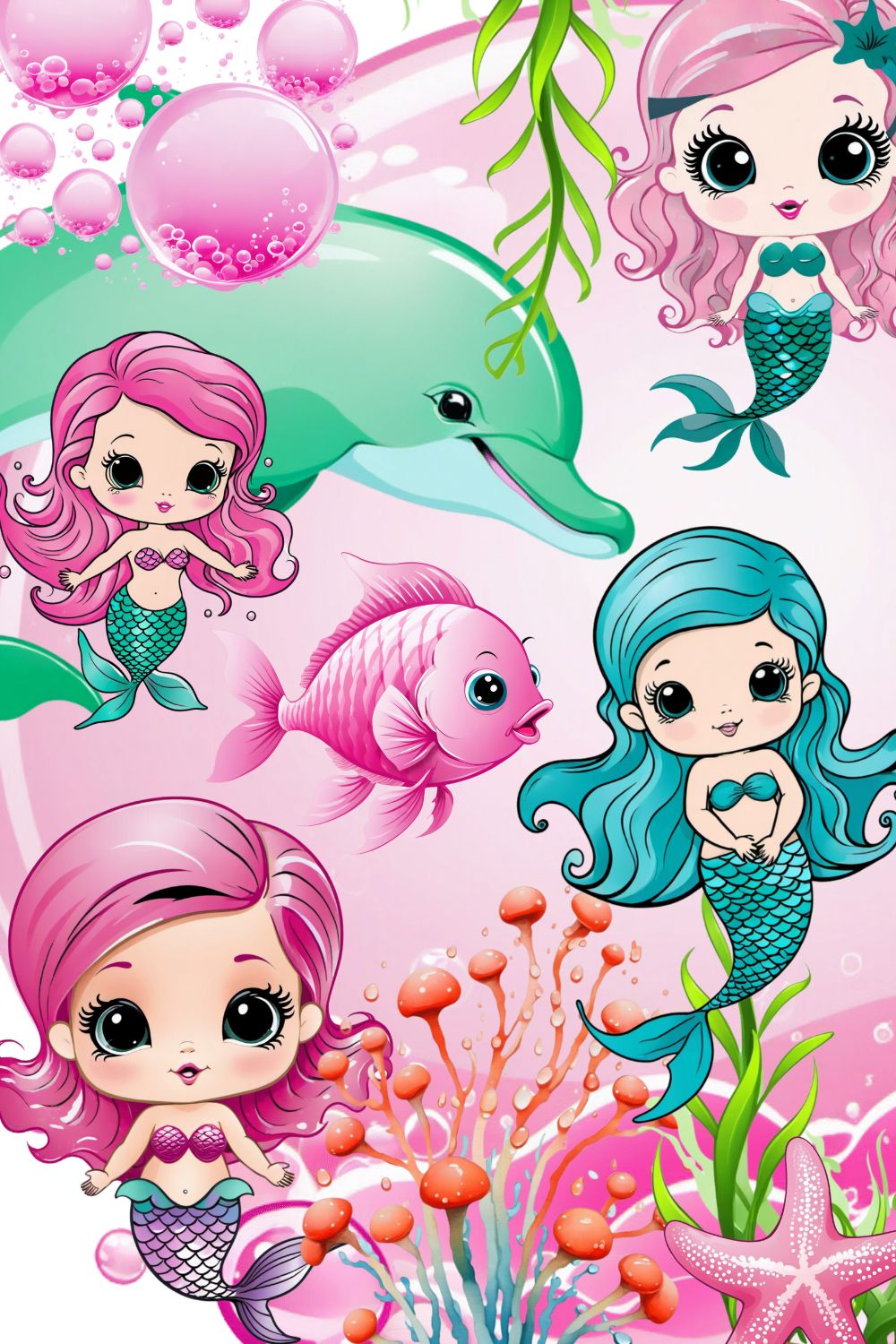 Mermaids delphins and fish nautical cliparts bundle pinterest preview image.