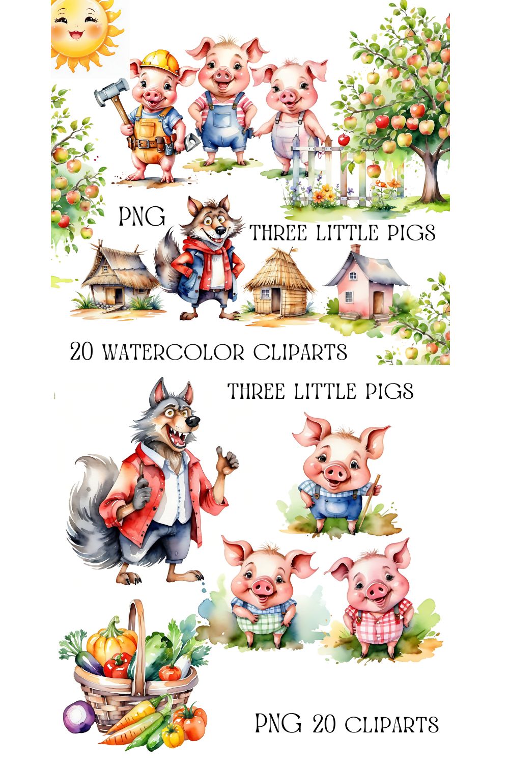 Fairytale Three little pigs and big bad wolf watercolor cliparts bundle pinterest preview image.