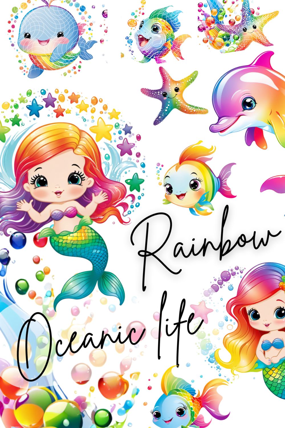 Rainbow little babys mermaids, fish, delphins - nautical cliparts bundle pinterest preview image.