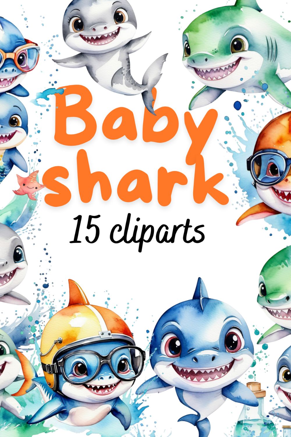 Watercolor baby shark clipart bundle pinterest preview image.