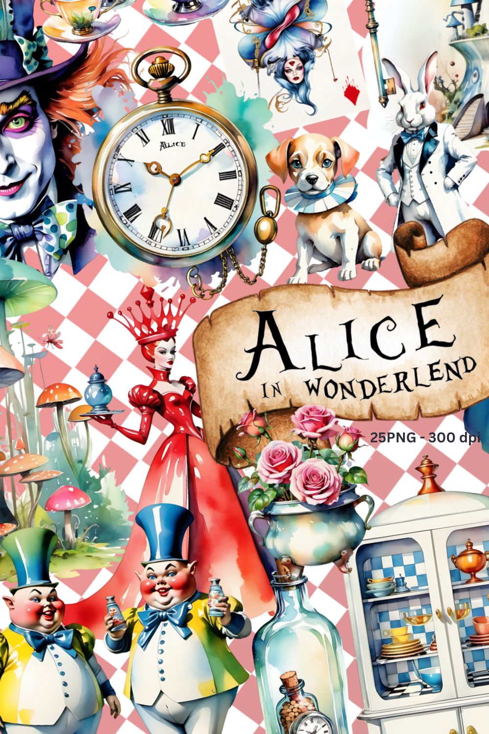 Alice in wonderland watercolor clipart bundle pinterest preview image.