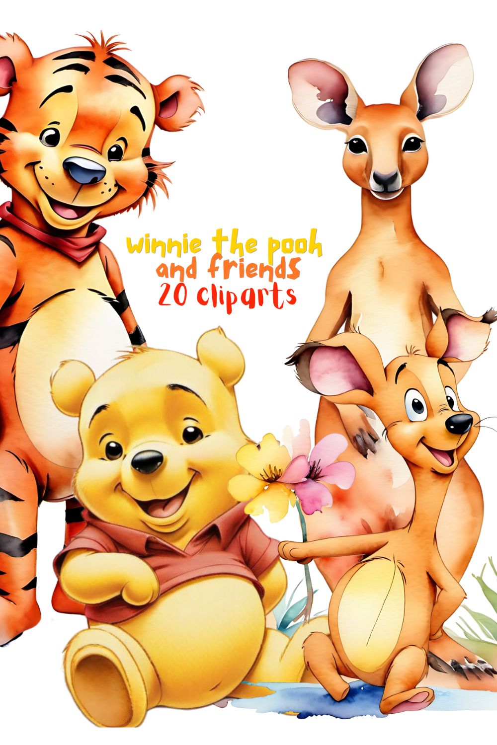 Winnie the pooh and friends watercolor cliparts bundle pinterest preview image.