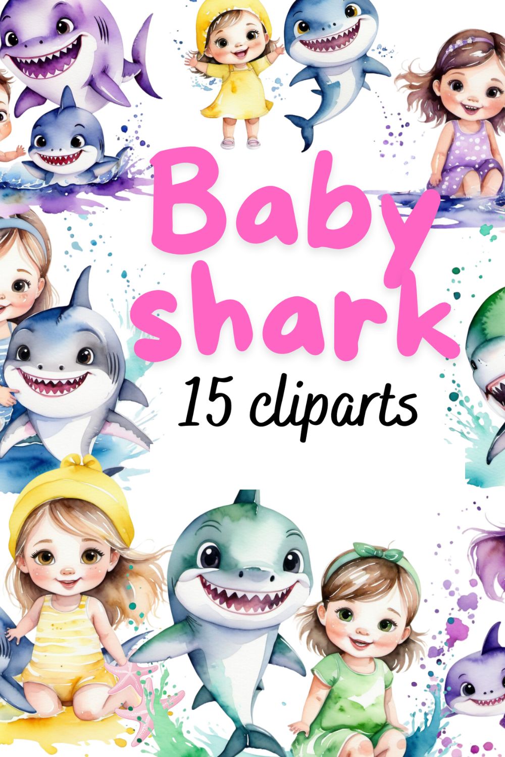 Kids and shark watercolor cliparts bundle pinterest preview image.