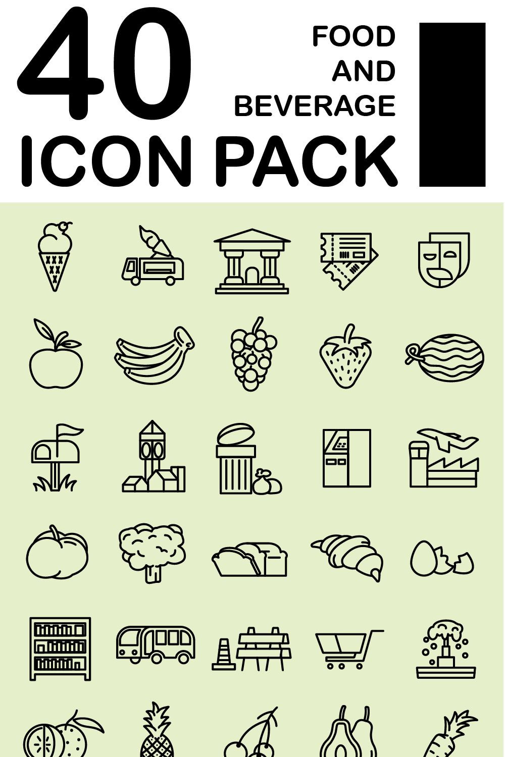 Food And Beverage 40 Icon Pack pinterest preview image.