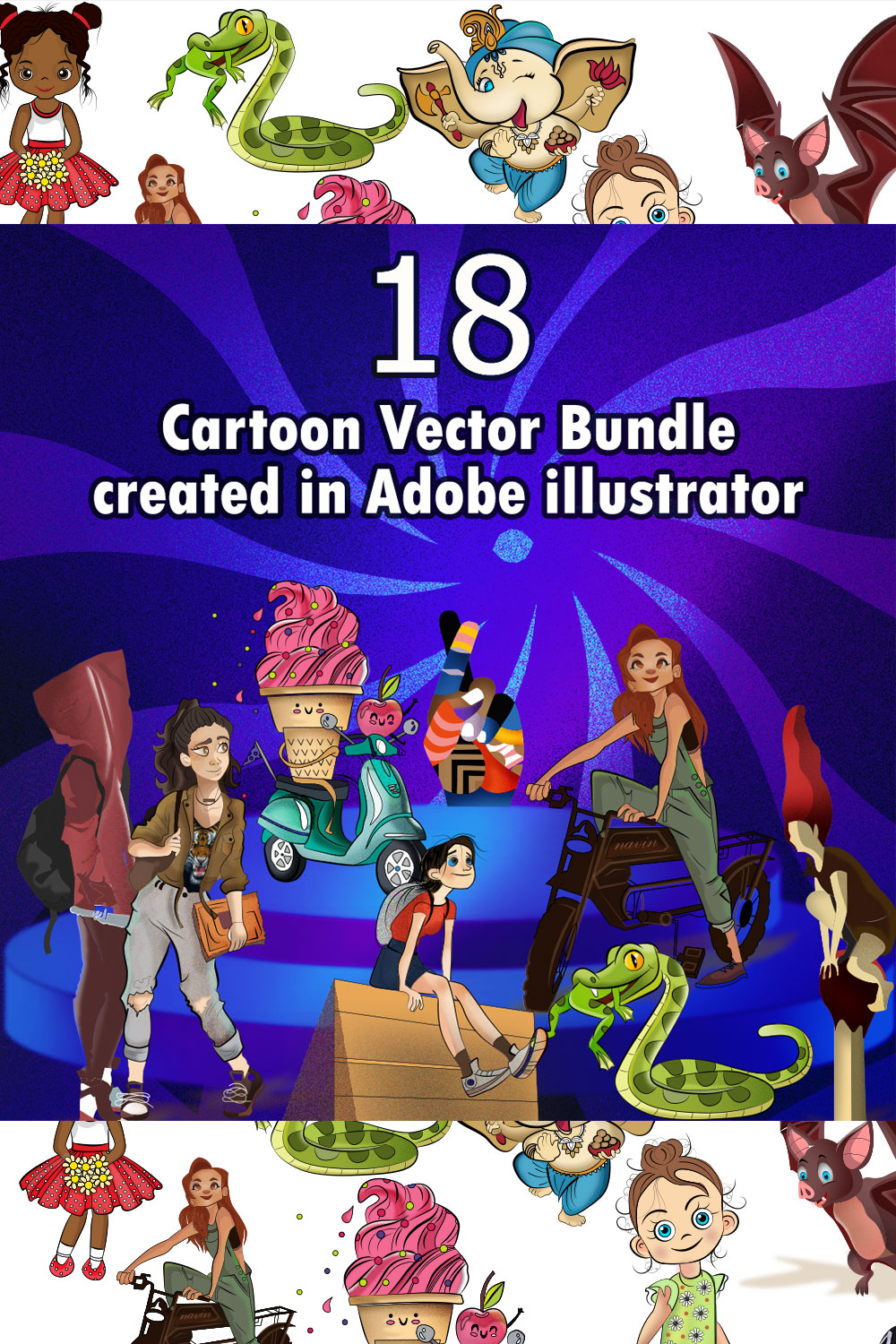 18 Cartoon Vector bundle made in Adobe illustrator pinterest preview image.