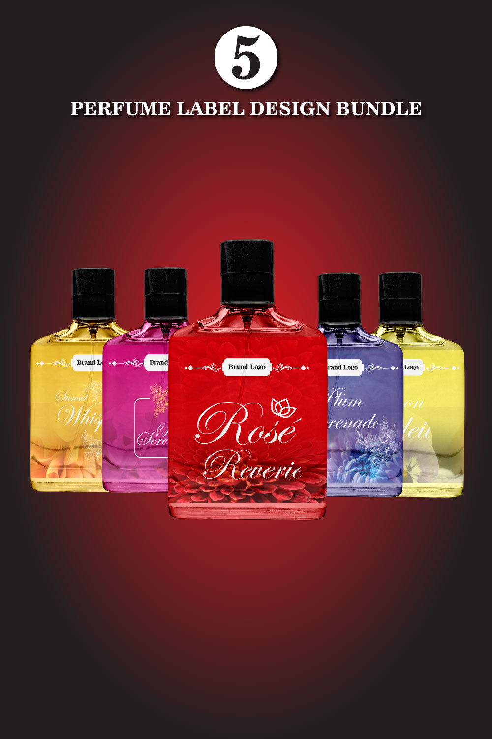 Perfume Label Design Bundle – Vibrant & Elegant Themes in Red, Purple, Orange, Yellow, and Pink pinterest preview image.