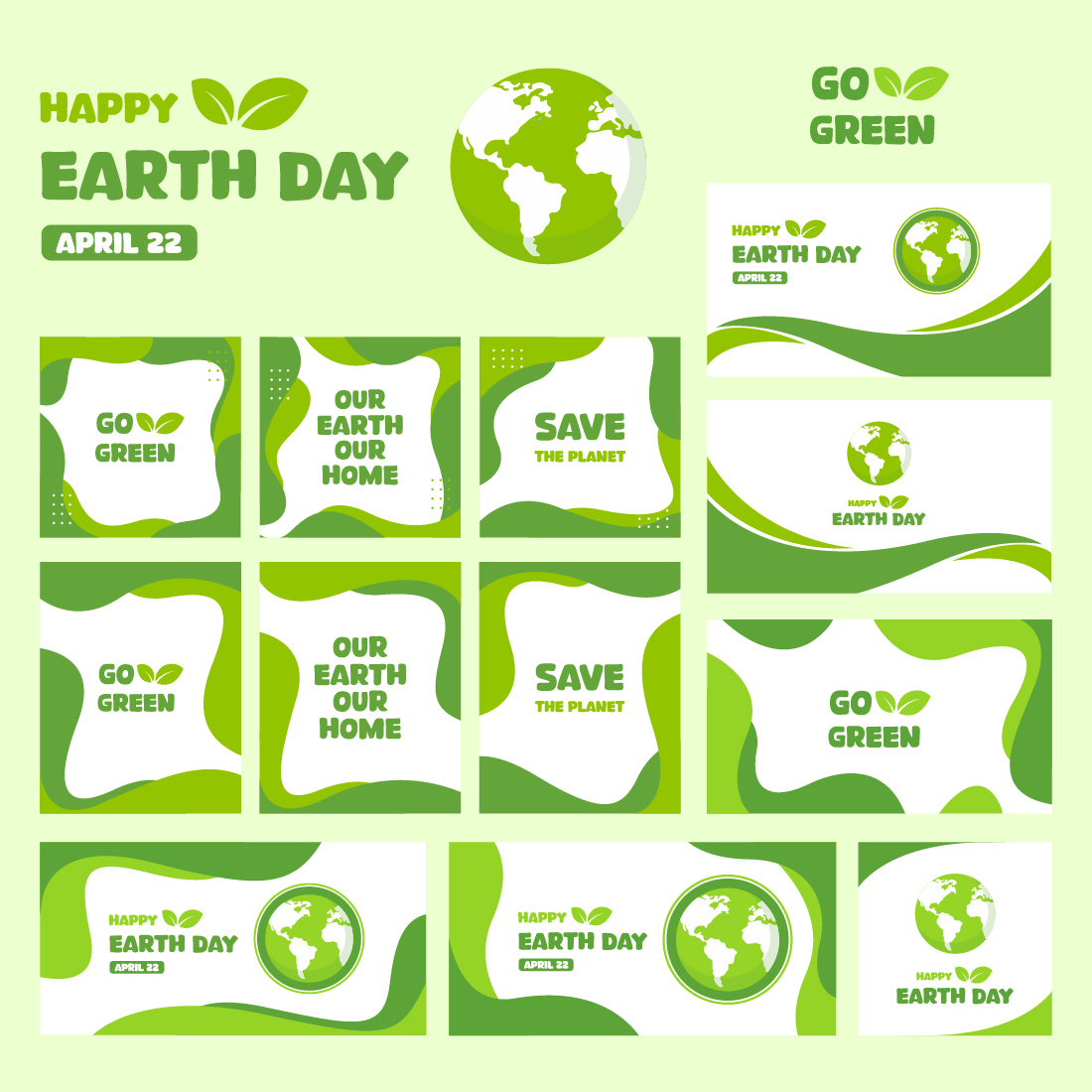 Set of Earth Day poster template Eco, go green Vector Illustrations preview image.