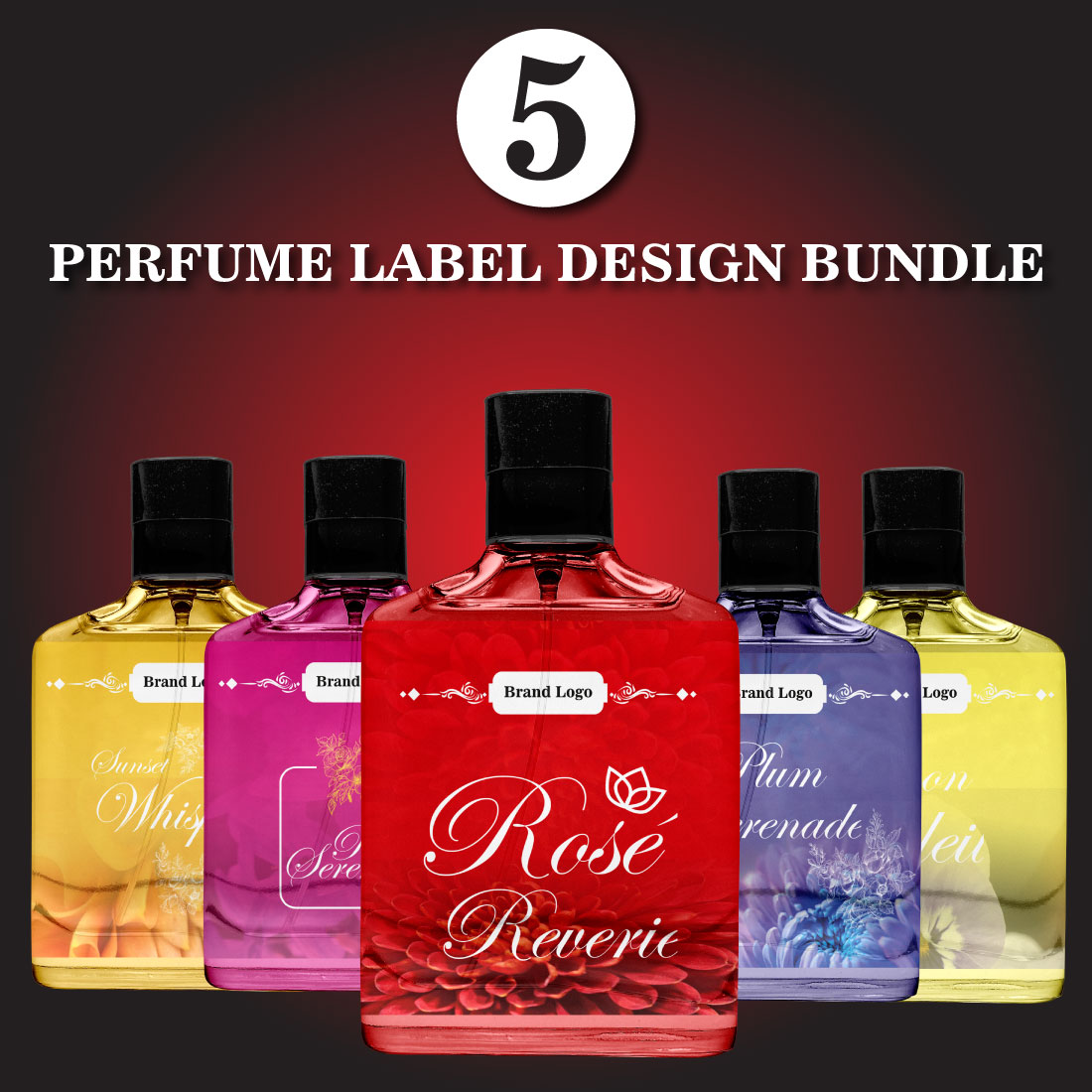 Perfume Label Design Bundle – Vibrant & Elegant Themes in Red, Purple, Orange, Yellow, and Pink cover image.