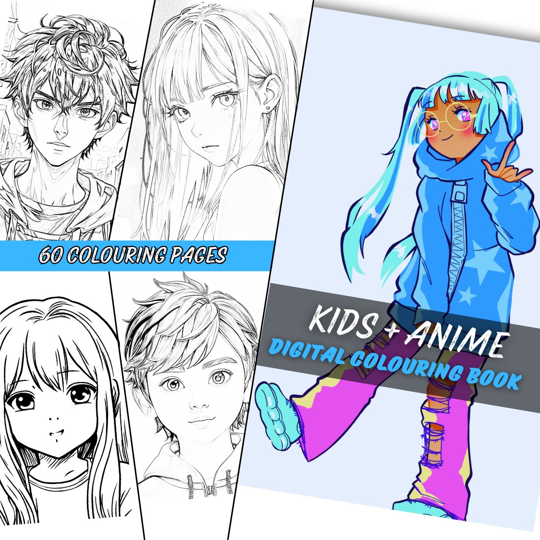 60 Pages of Anime Coloring book Fun for Kids and Teens –Instant Download, Printable PDF, Perfect for Creative Minds! cover image.