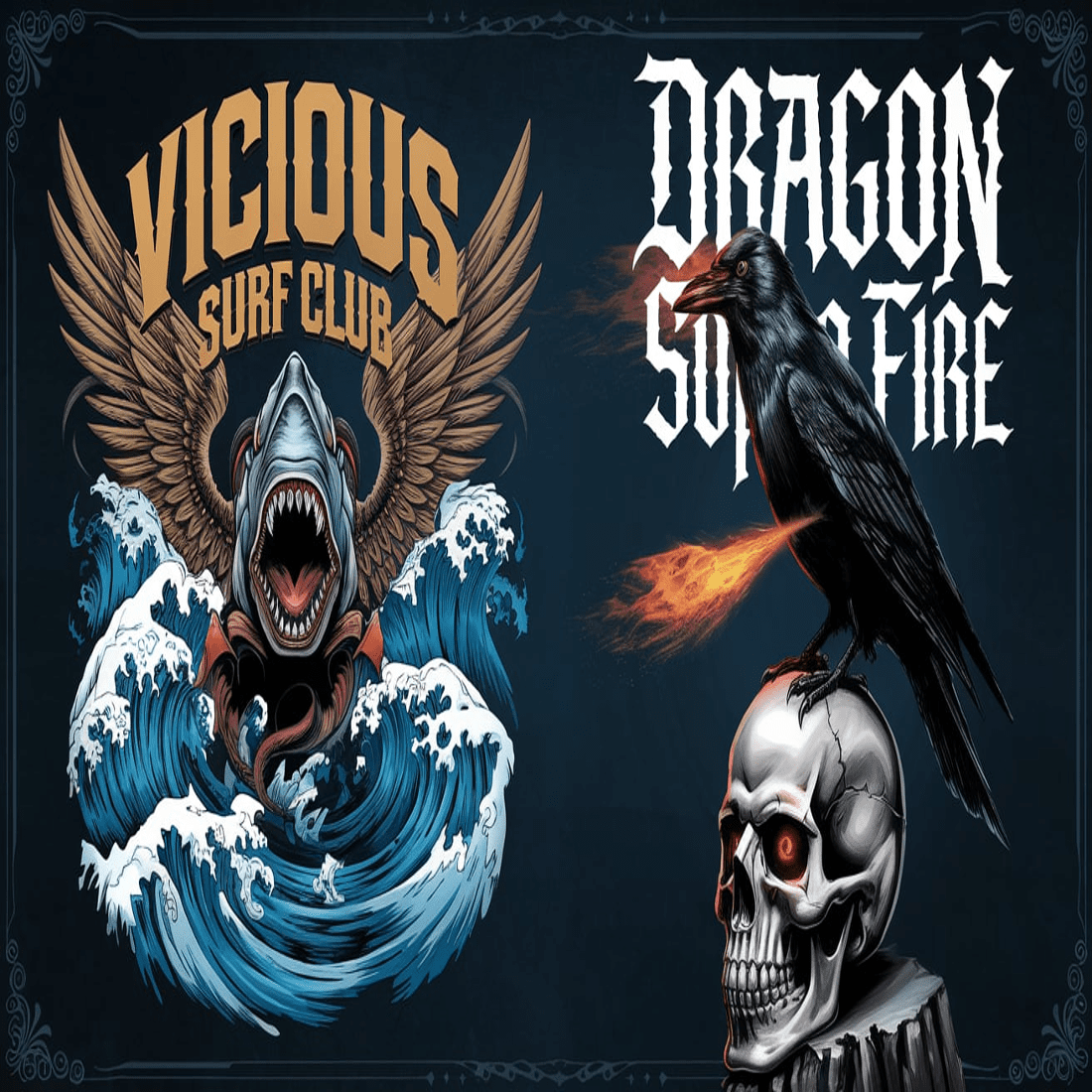 "Bold and Edgy Graphics: Vicious Surf Club & Gothic Icons" preview image.