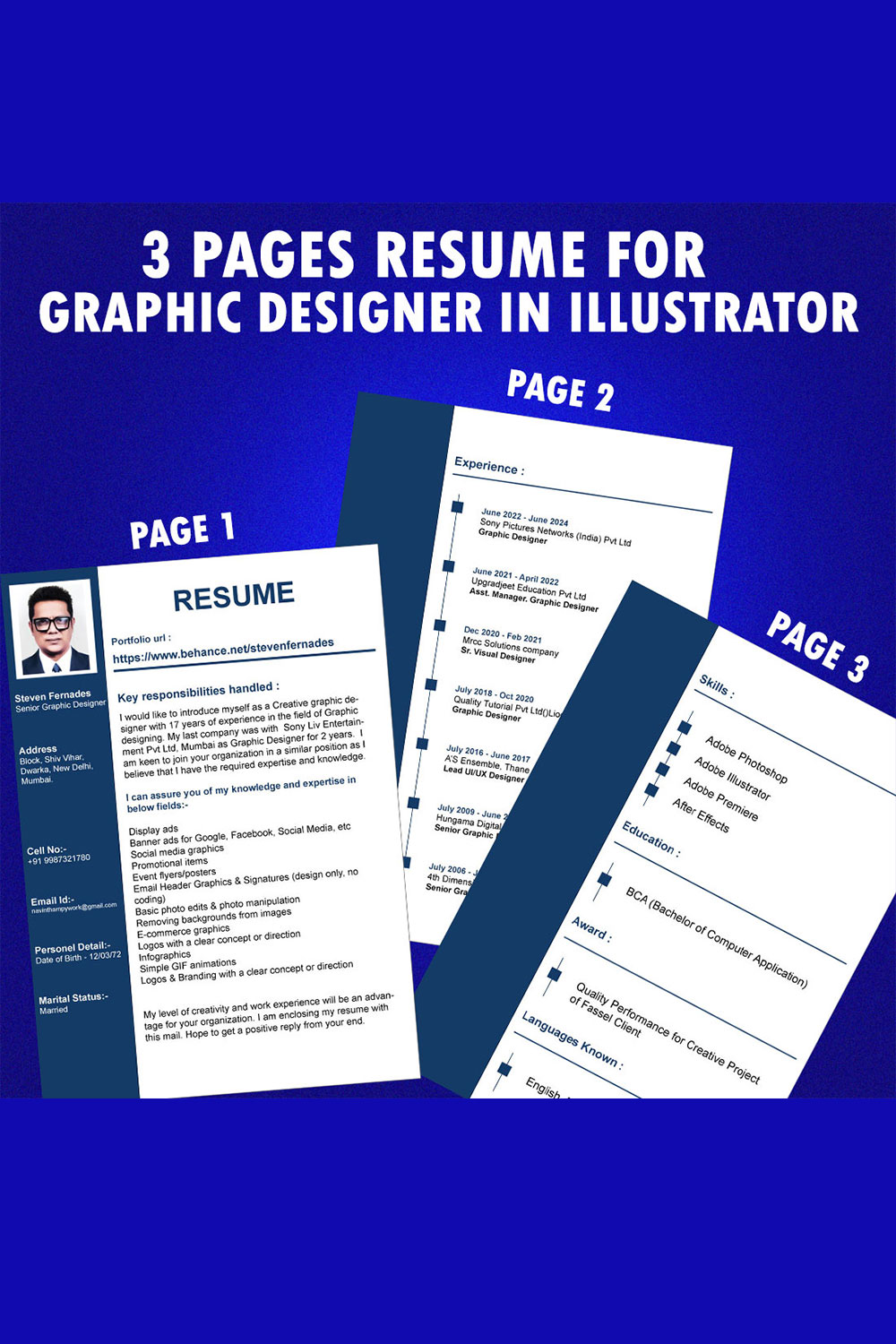 Resume Graphic Designer Resume 3 page pinterest preview image.