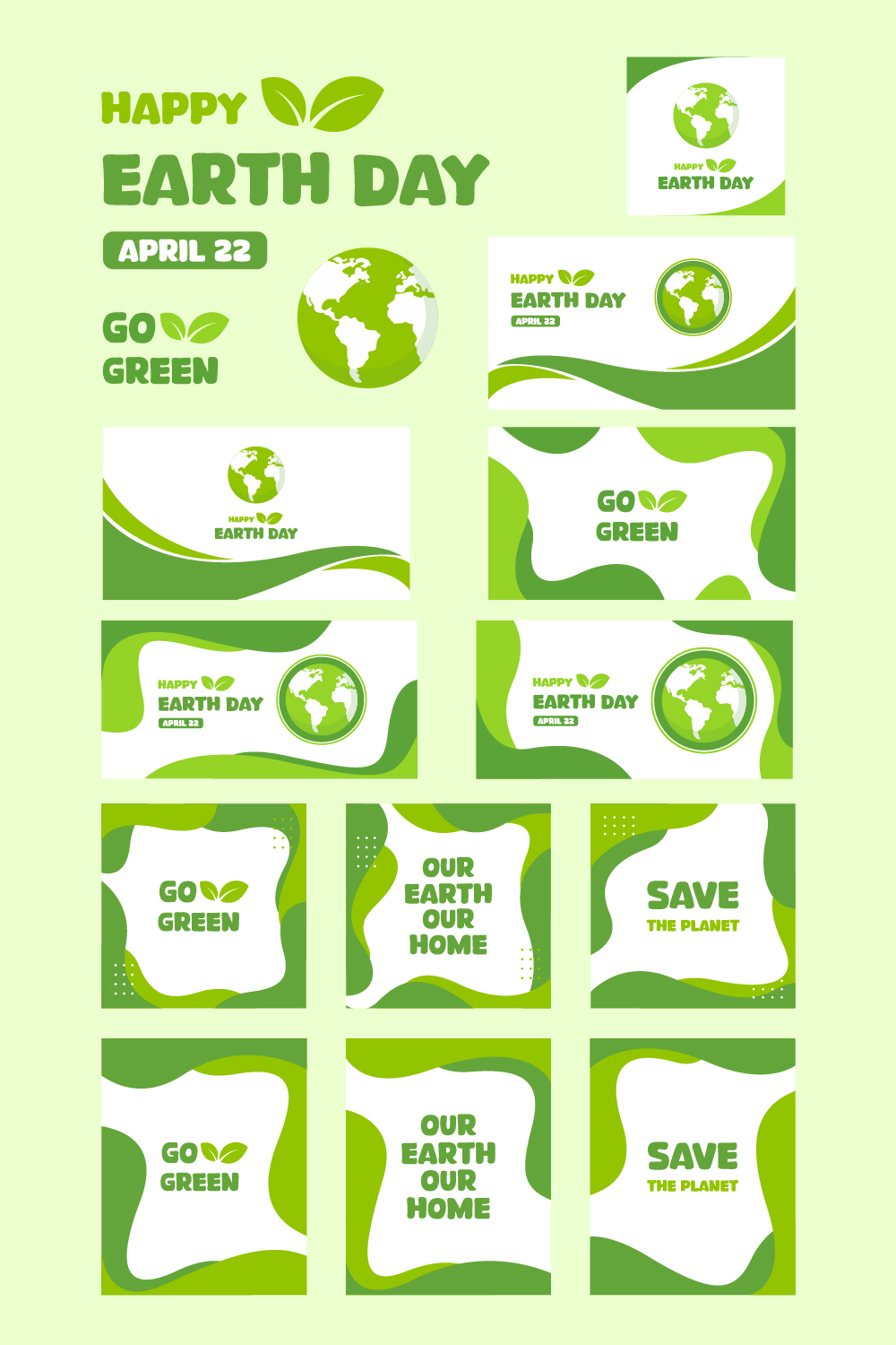 Set of Earth Day poster template Eco, go green Vector Illustrations pinterest preview image.