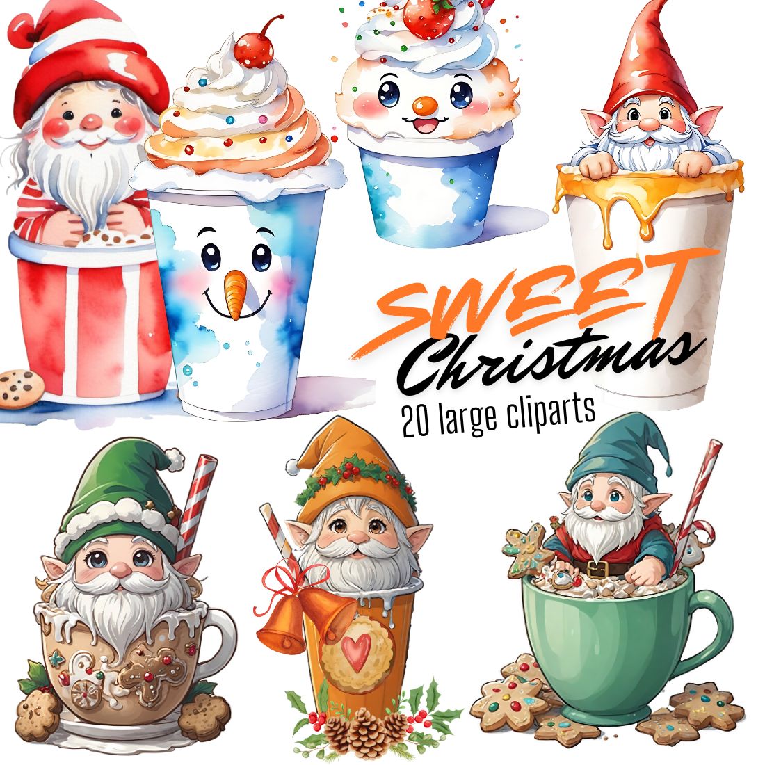 Christmas sweet clipart Elf in whipped cream 20 large cliparts PNG transparent preview image.