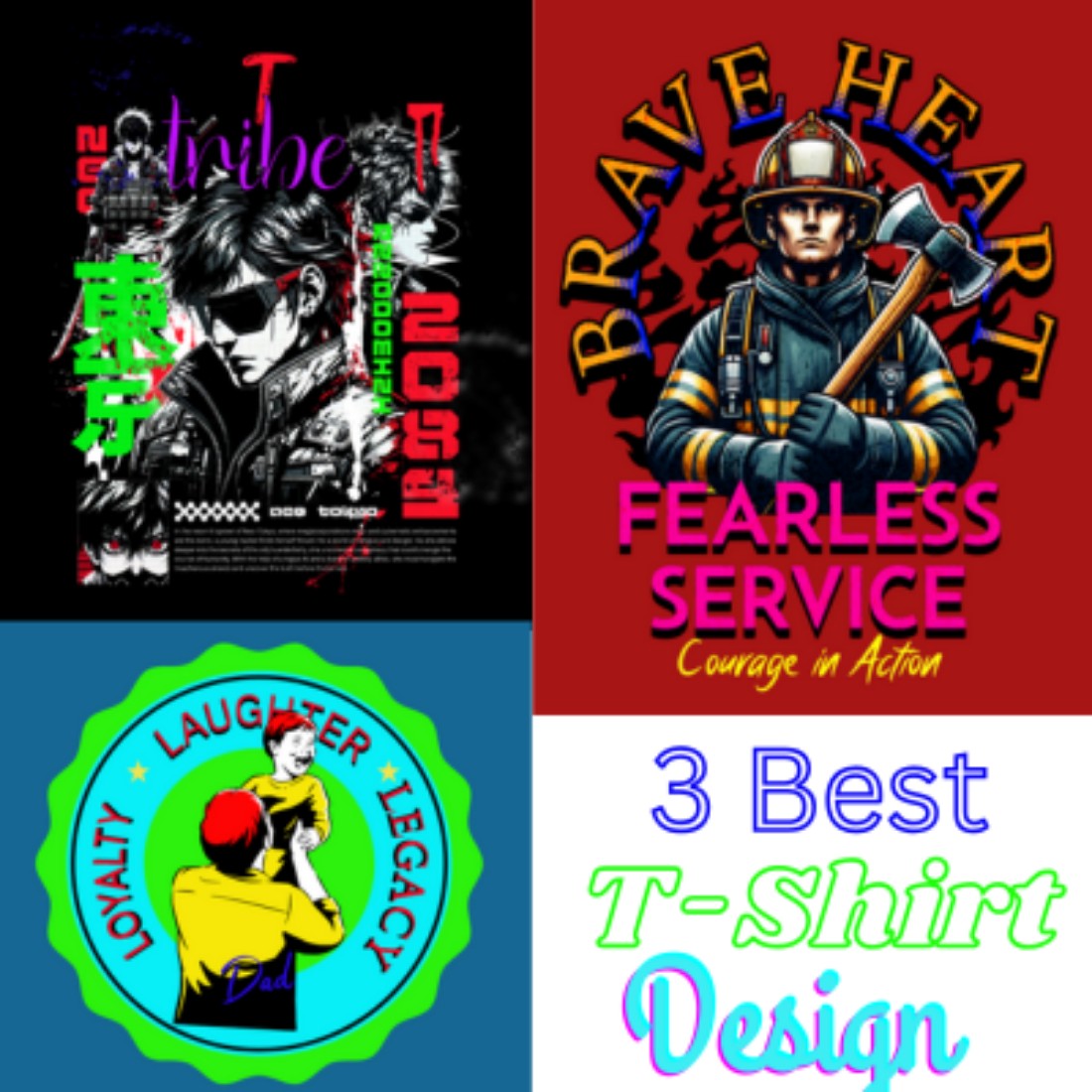 **"Top 3 T-Shirt Designs – Anime, Brave Heart, and Family Themes"** preview image.