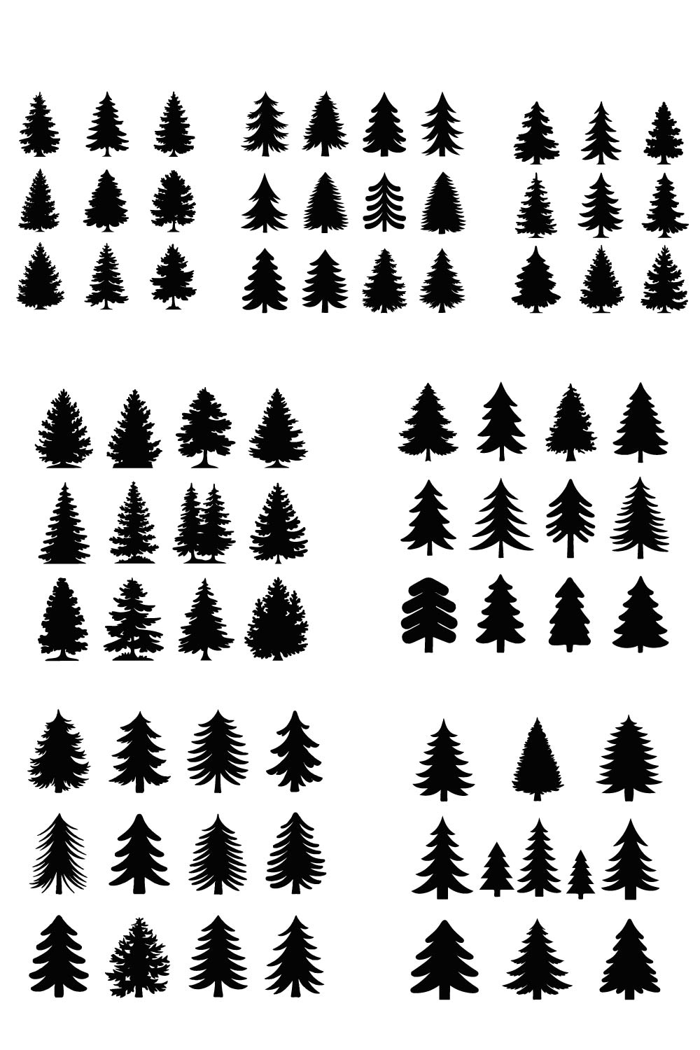 Vector Silhouettes of 26 Unique Pine Trees pinterest preview image.