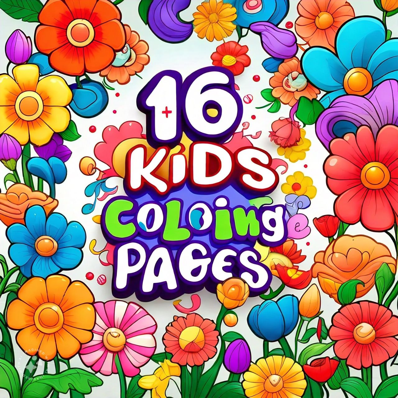 16 flower coloring pages for kids preview image.