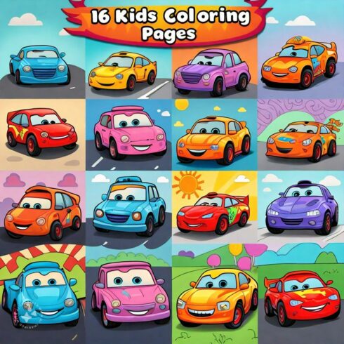 16 cars coloring pages for kids cover image.