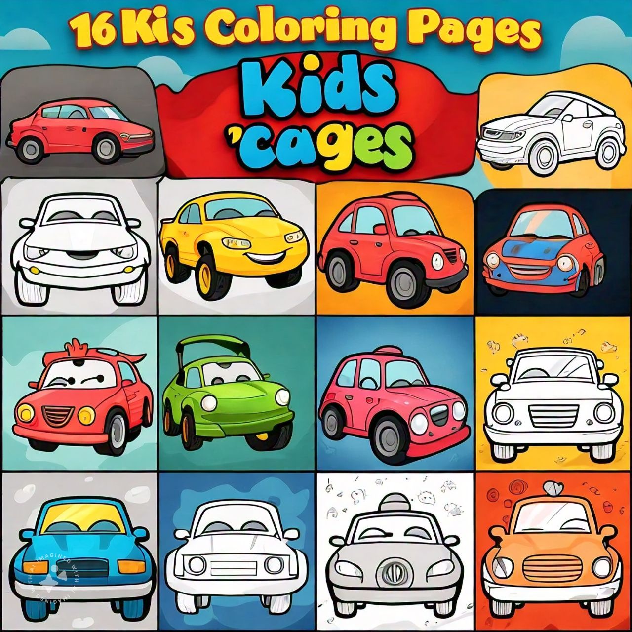 16 cars coloring pages for kids preview image.