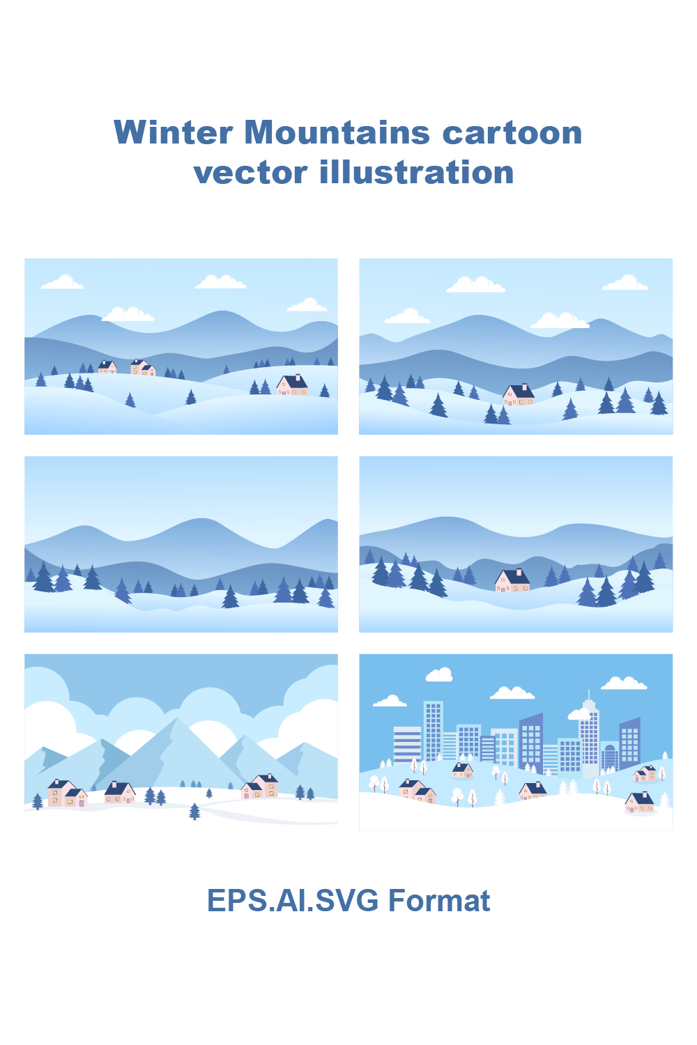 Winter Mountains cartoon illustration Vector landscape with snow hills, houses, clouds, and trees pinterest preview image.