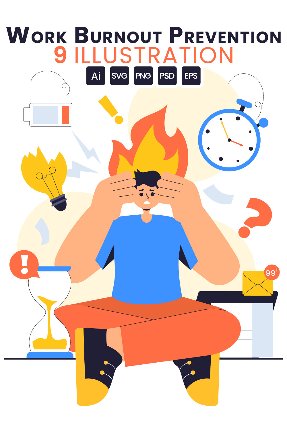 9 Work Burnout Prevention Illustration pinterest preview image.