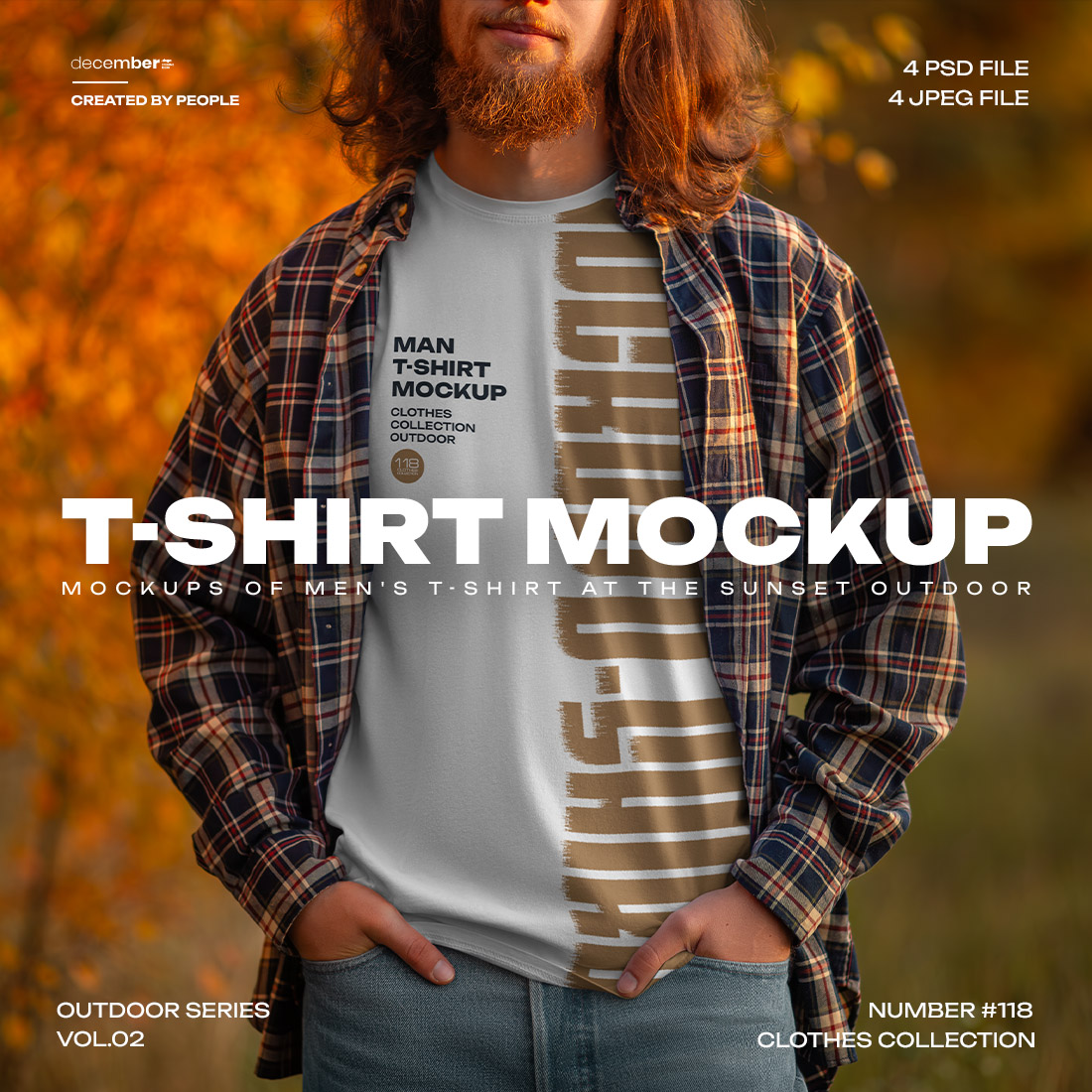 4 Mockups of Men's T-Shirt at the Sunset Outdoor vol02 cover image.