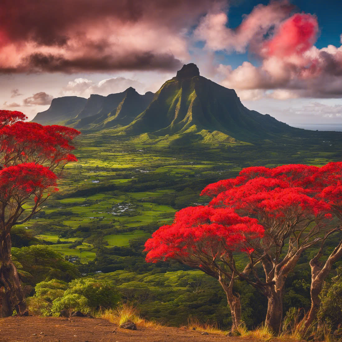 Majestic Mountain Landscapes of Mauritius with Vibrant Red Flame Trees cover image.