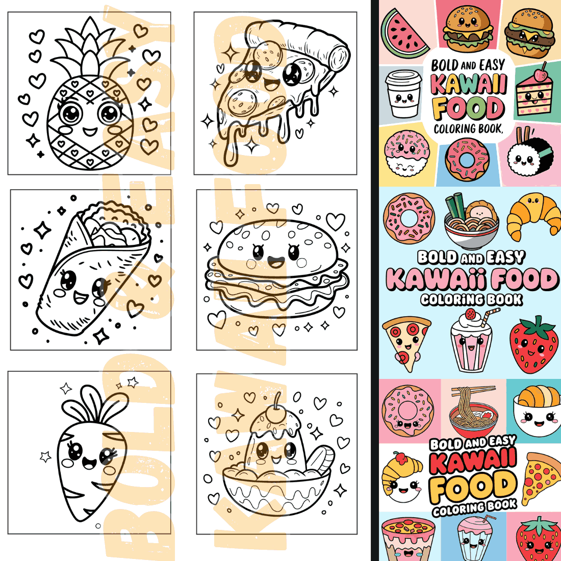 Bold and Easy Kawaii Food Coloring Pages Bundle | KDP Interior preview image.