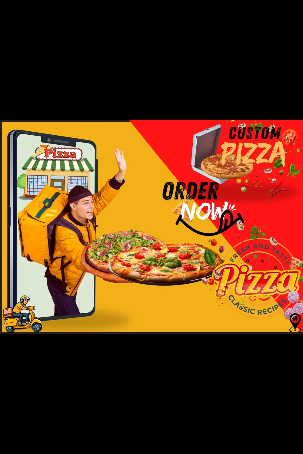 "Modern Pizza Delivery Advertisement Design Template - Fresh & Tasty Order Now Banner" pinterest preview image.