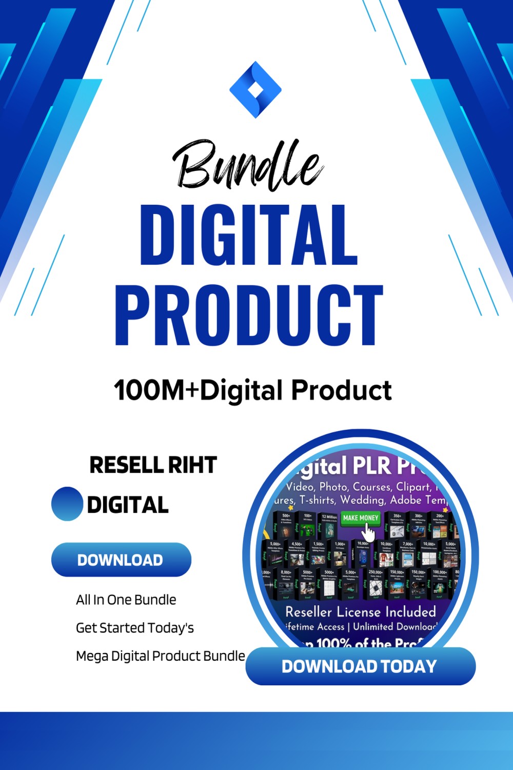 100M+Digital Product Bundle Mega Bundle, Design, eBook, template, Course pinterest preview image.