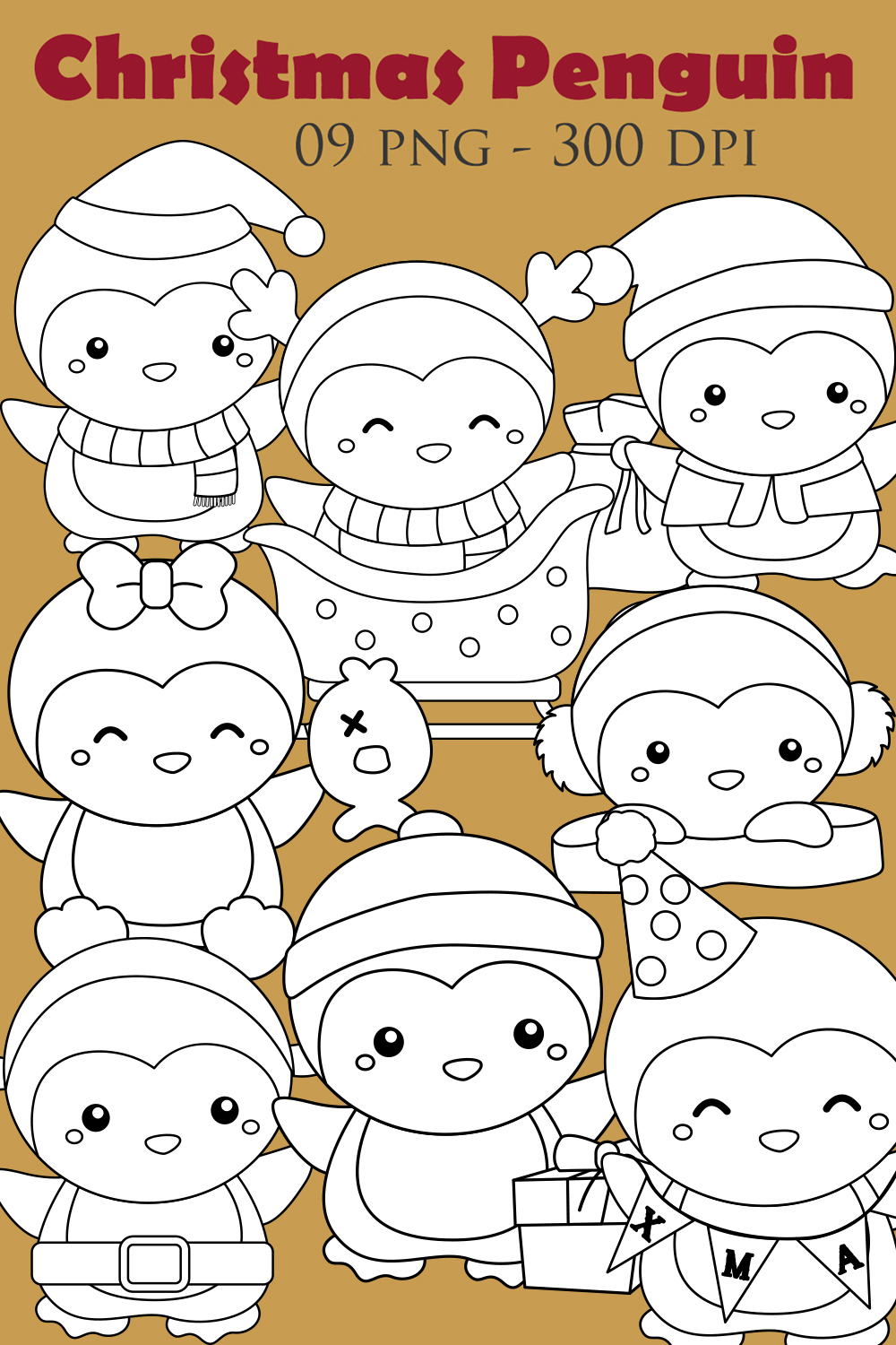 Cute Christmas Penguin Animal Winter Holiday Season Party Cartoon Digital Stamp Outliine Black and White pinterest preview image.