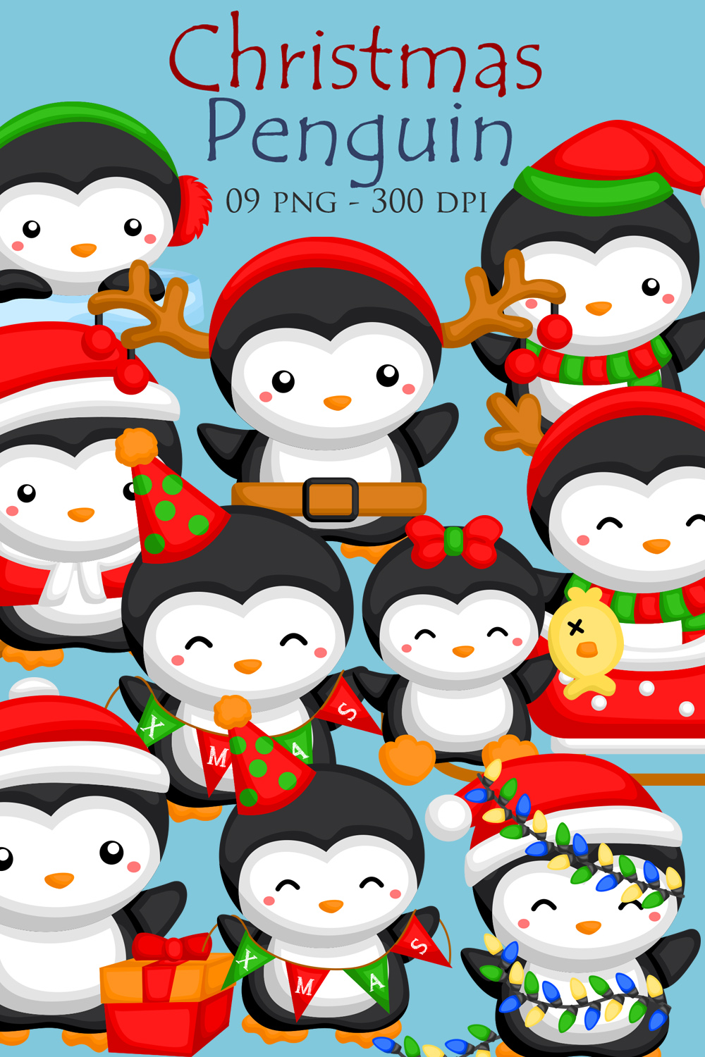 Cute Christmas Penguin Animal Winter Holiday Season Party Cartoon Illustration Vector Clipart Sticker Decoration Background Accessories pinterest preview image.