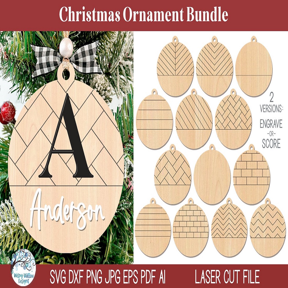 Farmhouse Christmas Ornament SVG Bundle for Laser Cutter preview image.