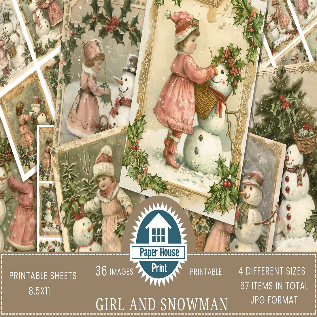 Girl & Snowman Junk Journal Kit, Cozy Christmas Junk Journal cover image.