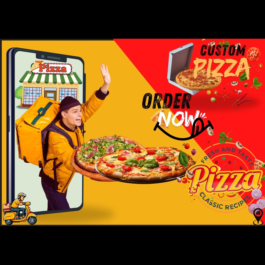 "Modern Pizza Delivery Advertisement Design Template - Fresh & Tasty Order Now Banner" preview image.