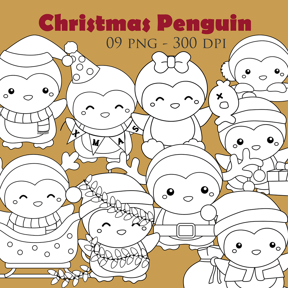 Cute Christmas Penguin Animal Winter Holiday Season Party Cartoon Digital Stamp Outliine Black and White cover image.