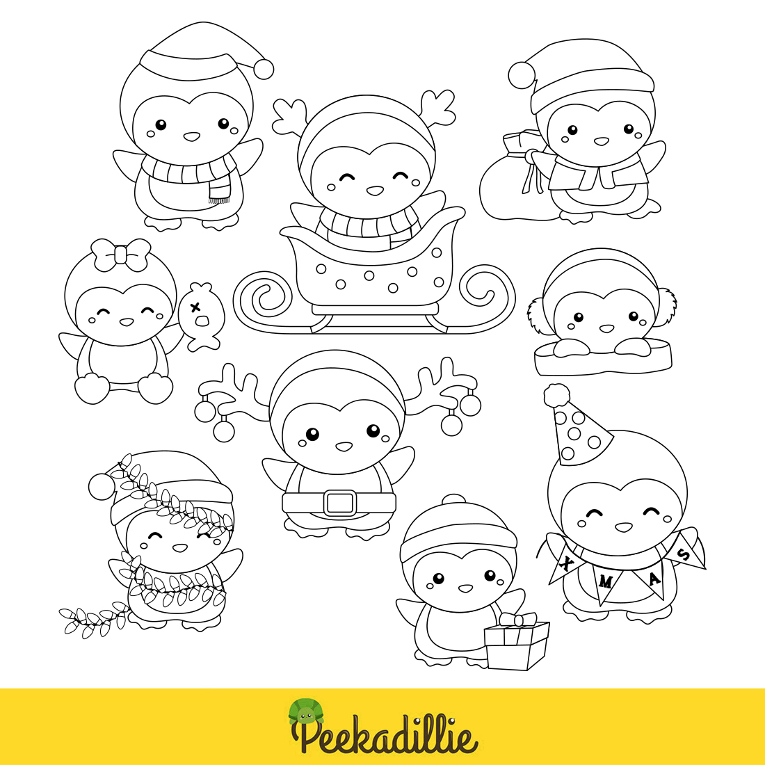 Cute Christmas Penguin Animal Winter Holiday Season Party Cartoon Digital Stamp Outliine Black and White preview image.