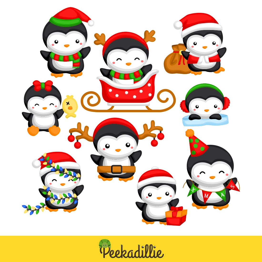 Cute Christmas Penguin Animal Winter Holiday Season Party Cartoon Illustration Vector Clipart Sticker Decoration Background Accessories preview image.