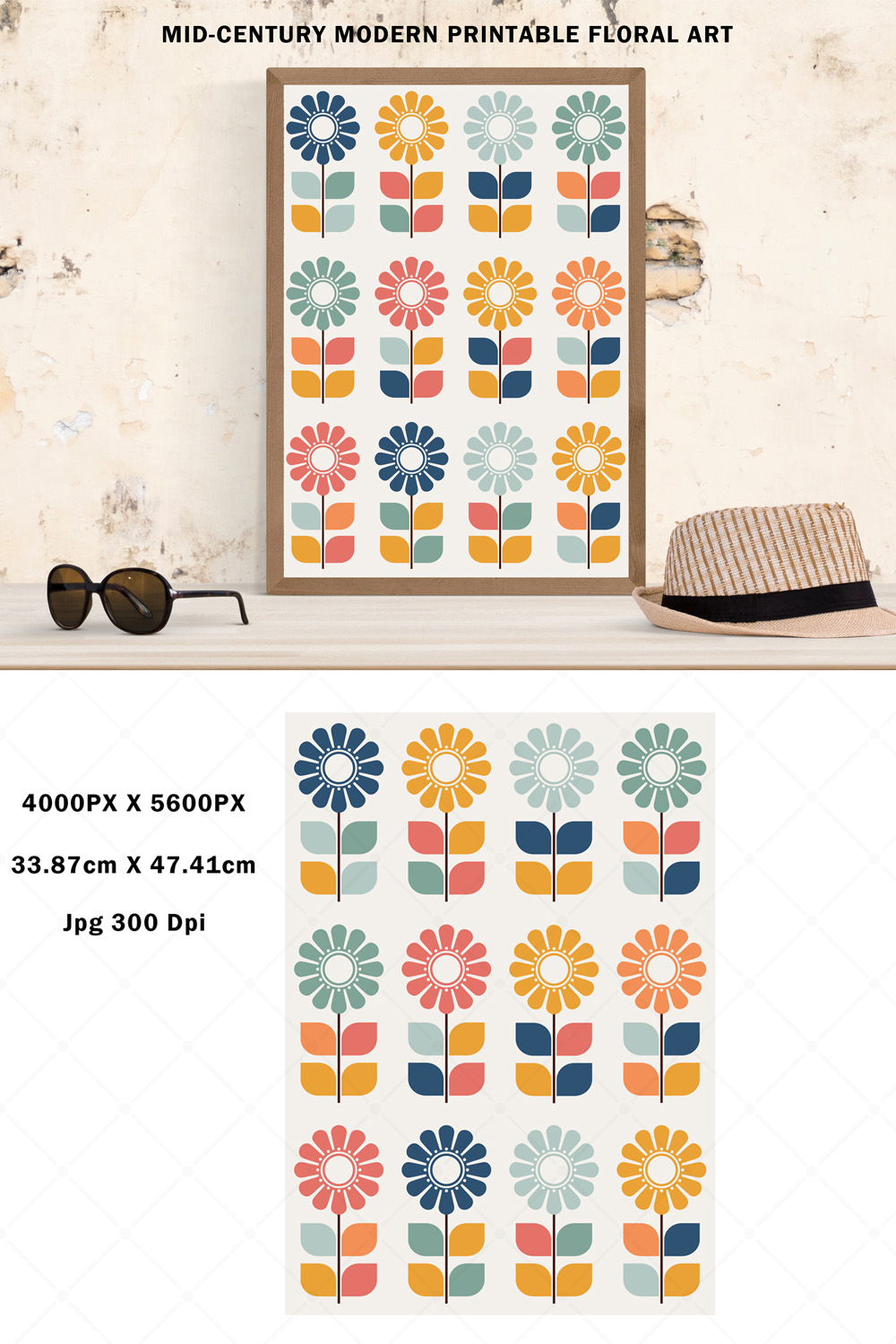 Colorful Retro Modern Floral Art pinterest preview image.