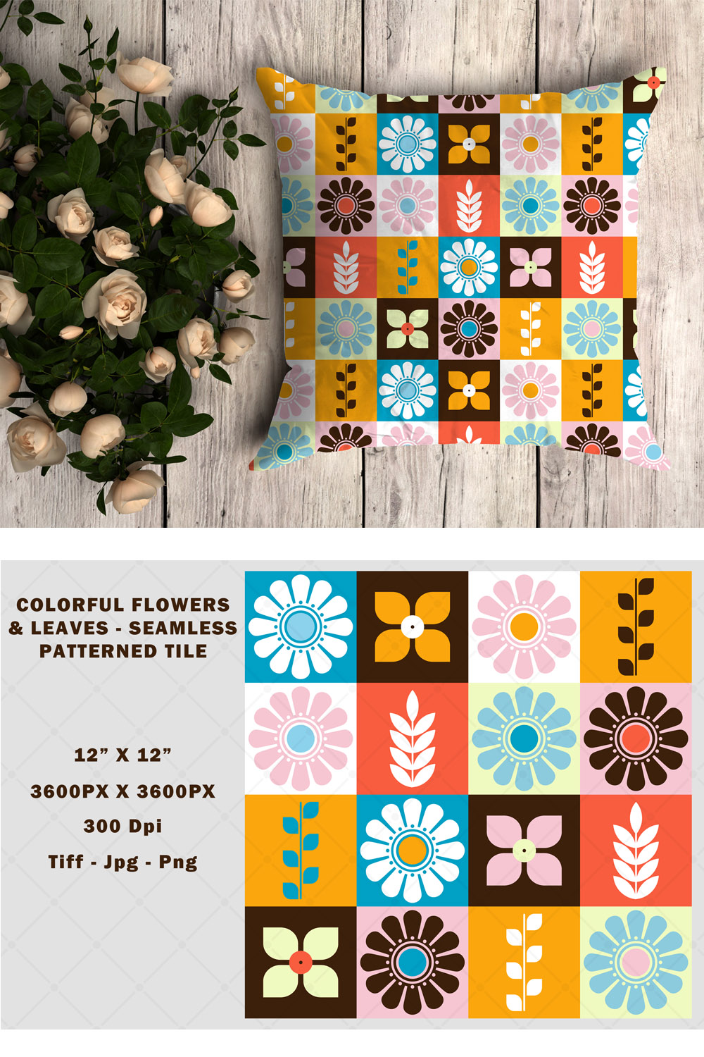 Colorful Flowers Seamless Pattern Tile pinterest preview image.