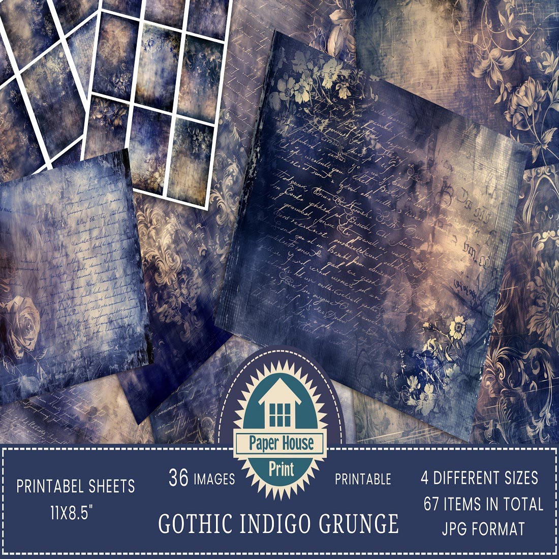 15 indigo scripts gothic junk journal papers digital papers 313