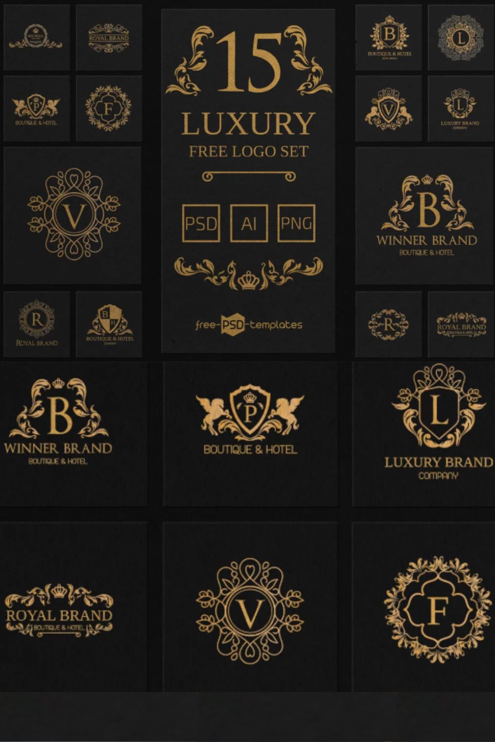 15 Luxury Logo Set in AI, PSD and PNG pinterest preview image.