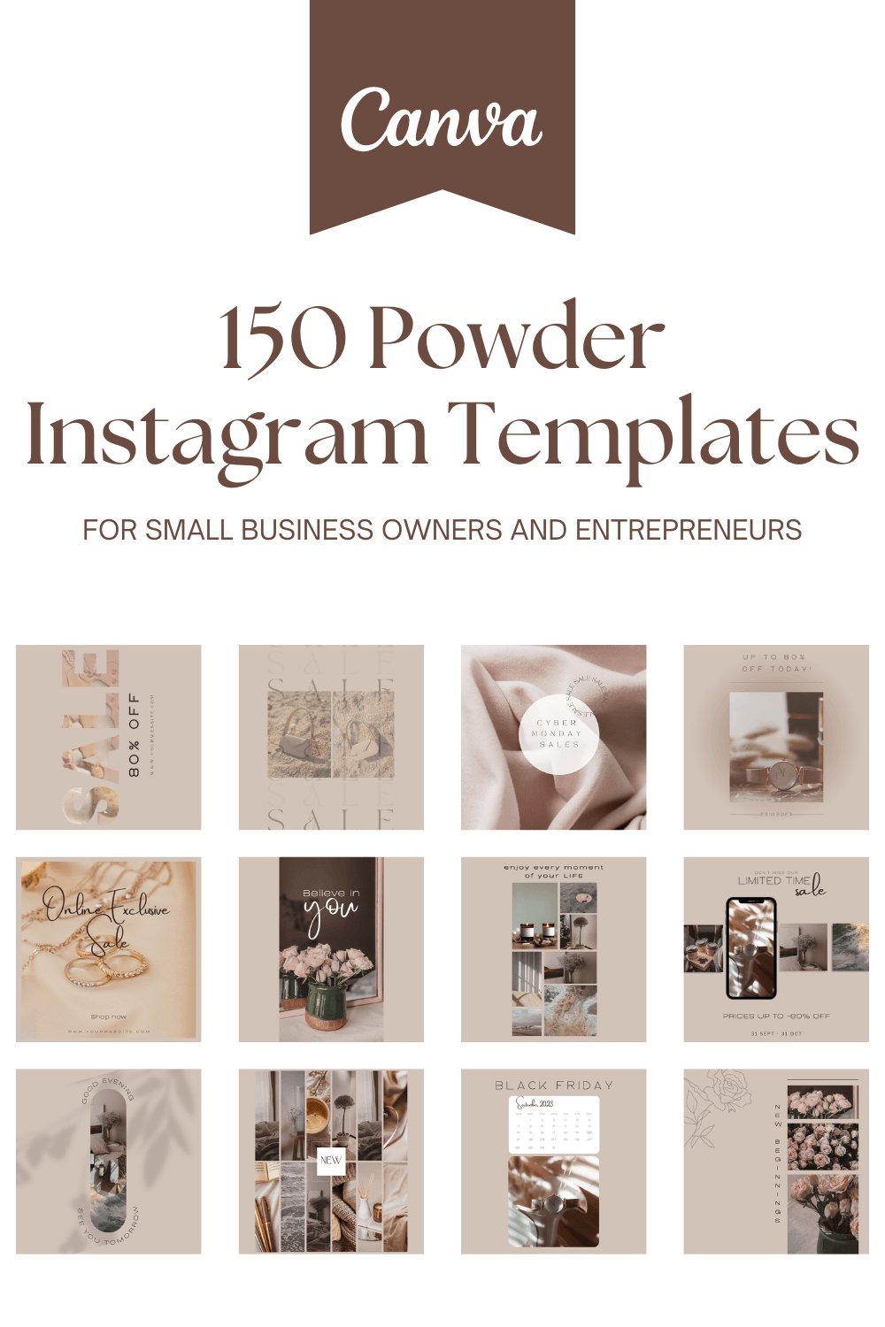 150 Minimalist Instagram Posts - Powder Social Media Templates Editable In Canva pinterest preview image.