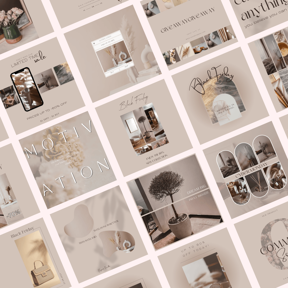 150 Minimalist Instagram Posts - Powder Social Media Templates Editable In Canva preview image.