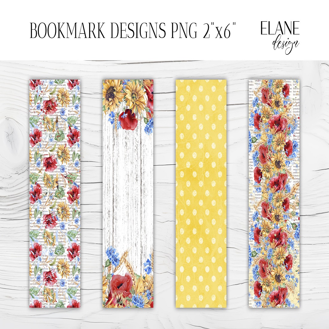 Floral Printable Bookmark, 4 Wild Flowers Bookmark PNG preview image.