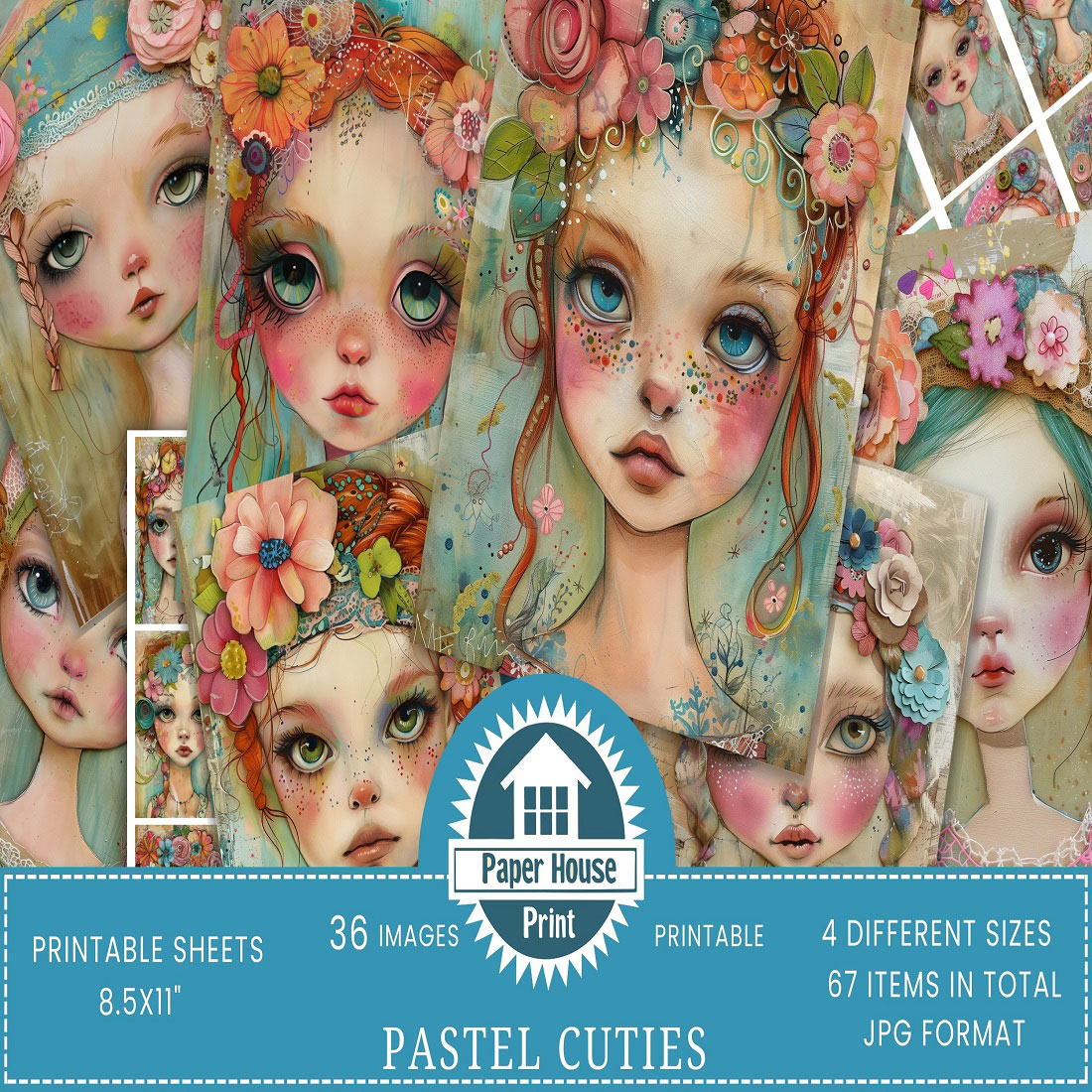 Whimsical Pastel Girls Mixed Media Portraits preview image.