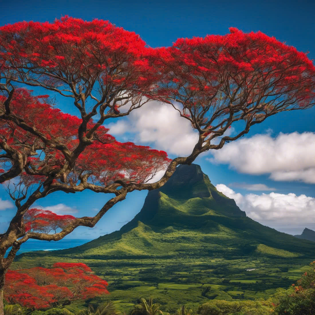 Majestic Mountain Landscapes of Mauritius with Vibrant Red Flame Trees preview image.