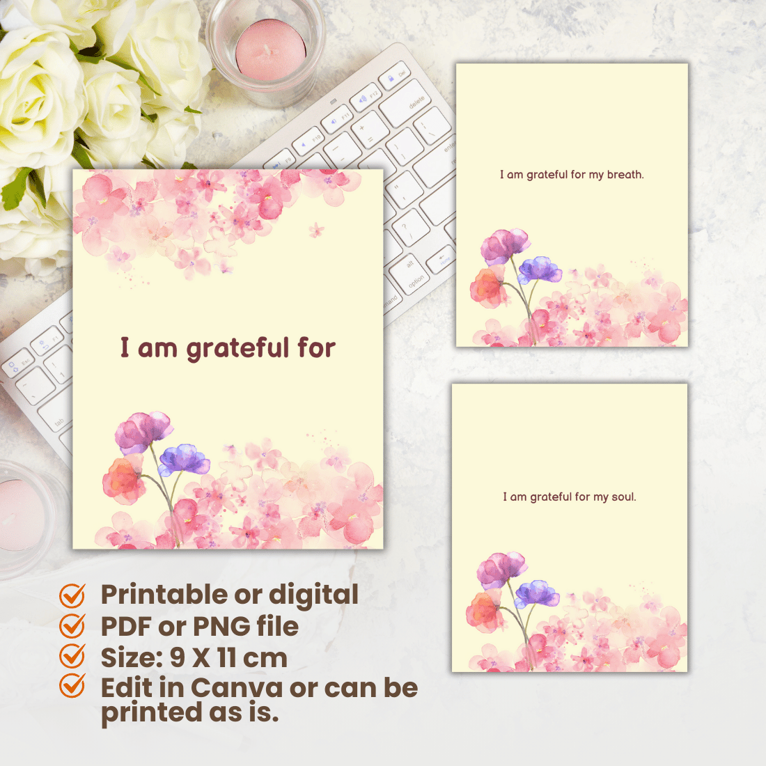 I am grateful cards Canva template preview image.